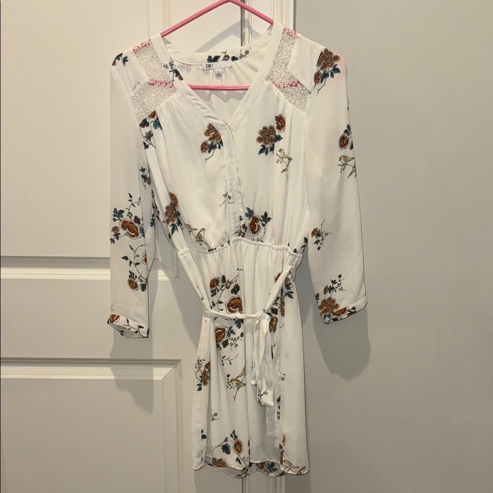 Floral White Dress with Tie Waist